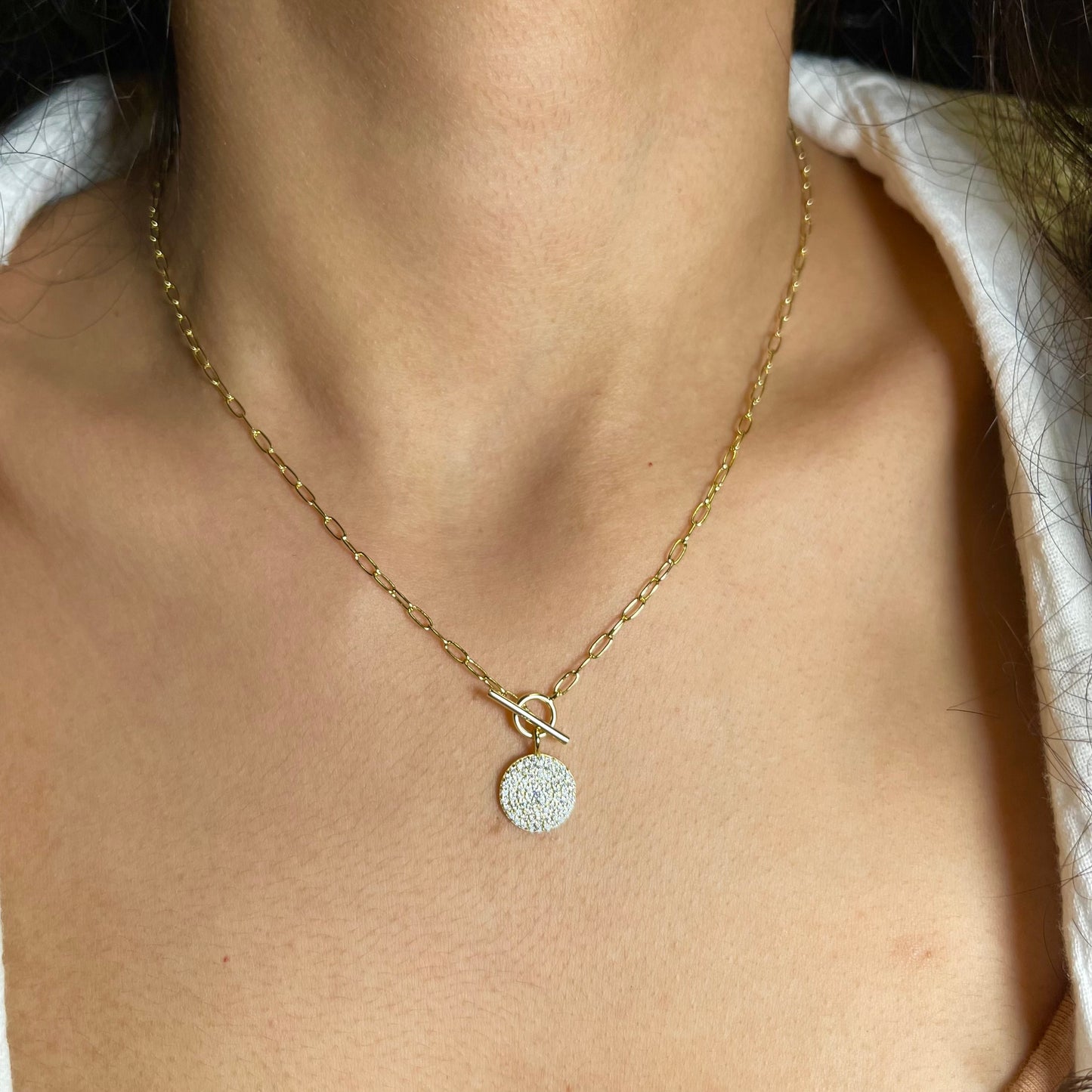 Pave Diamond disc Paper Clip Necklace