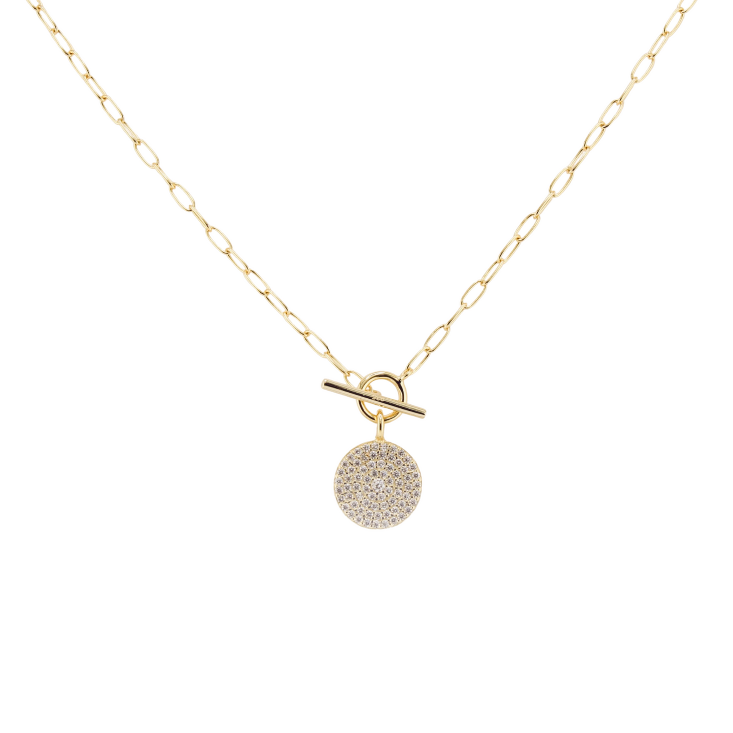 Pave Diamond disc Paper Clip Necklace