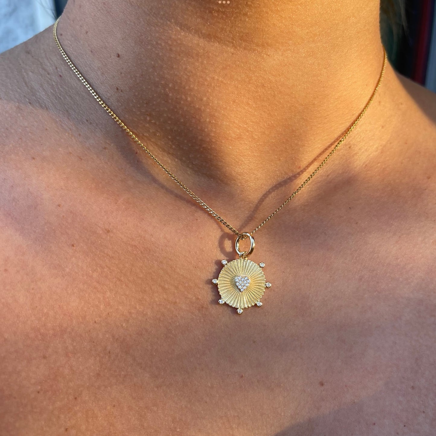 Pave stone Heart Fluted Disc Medallion Pendant