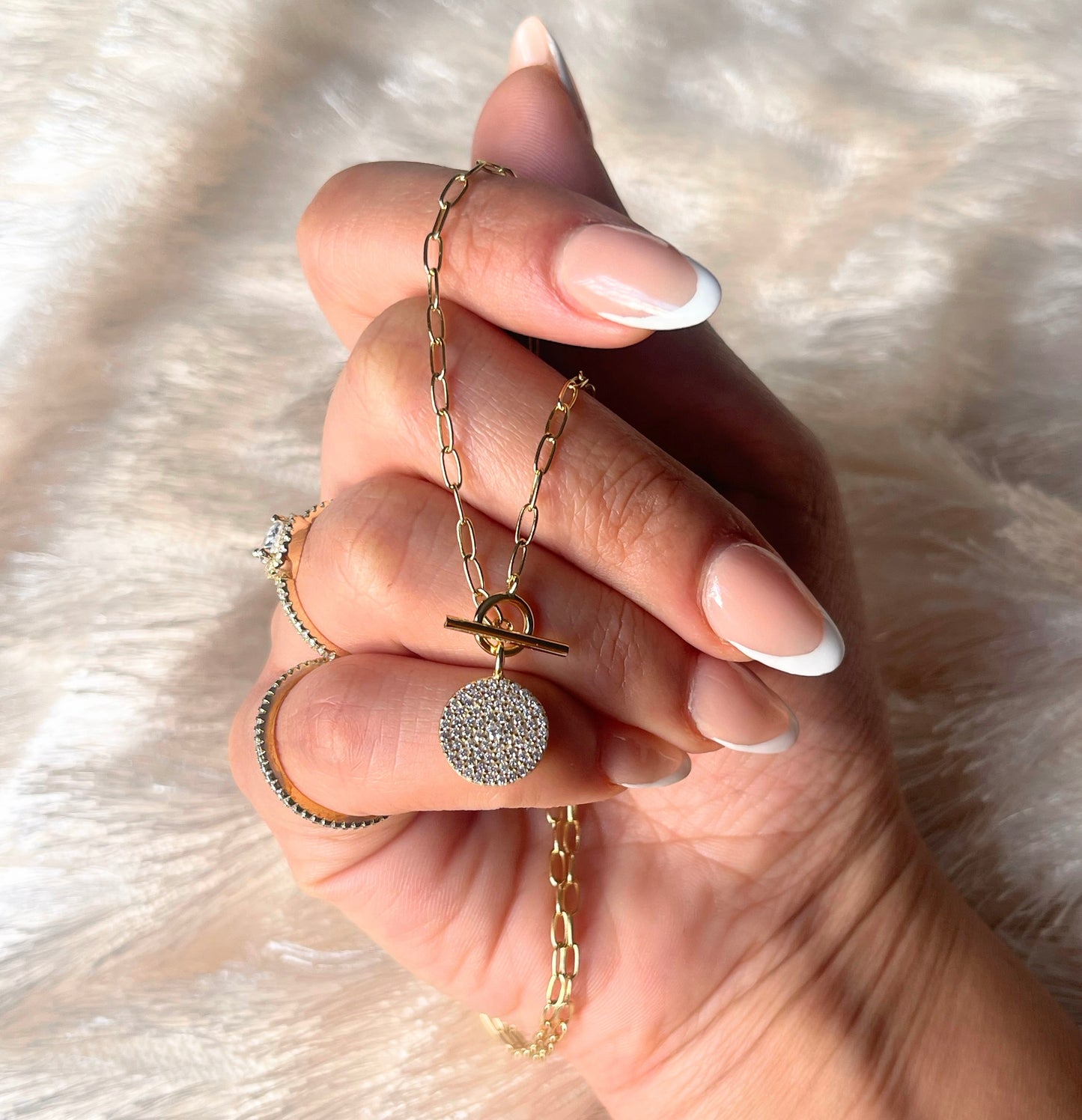 Pave Diamond disc Paper Clip Necklace