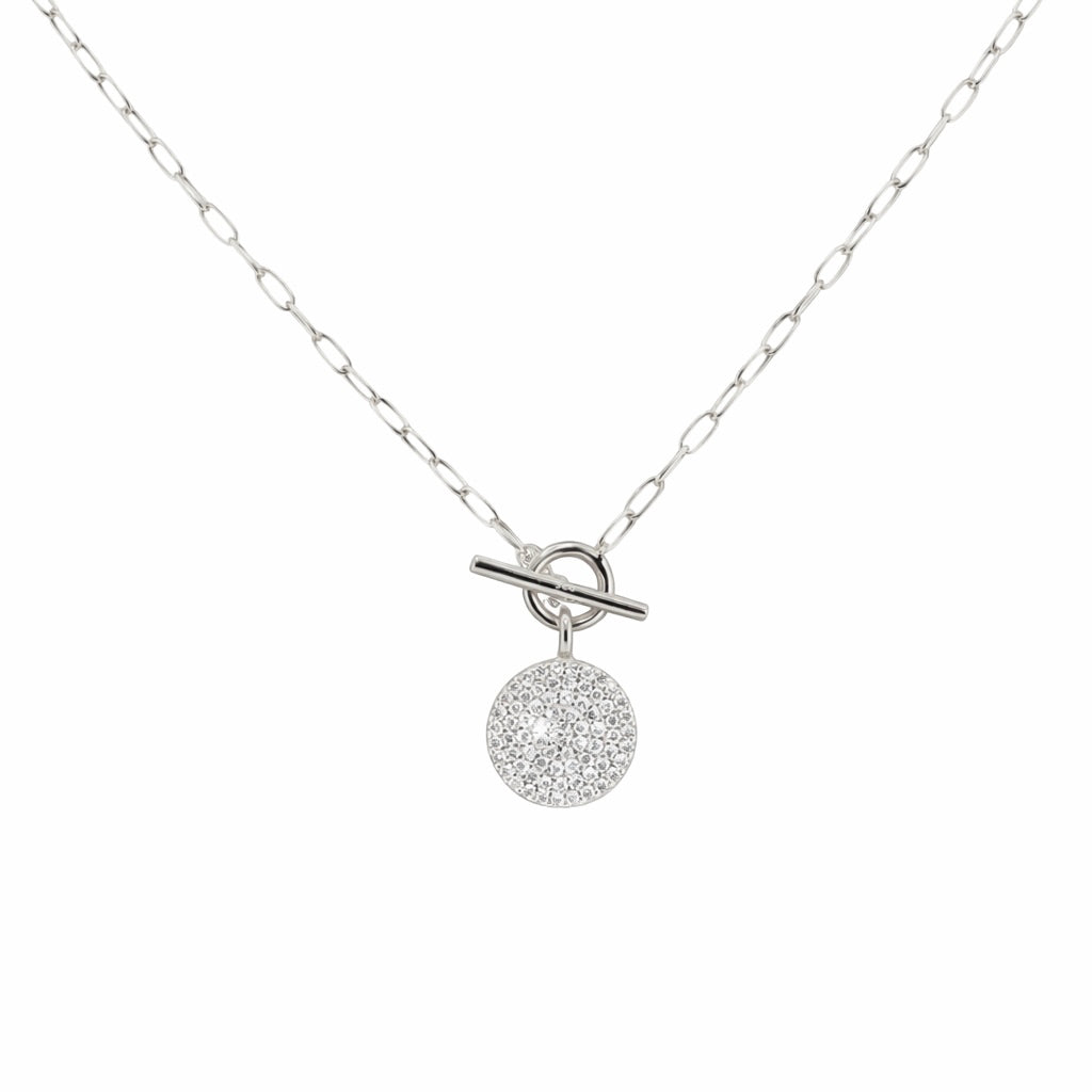 Pave Diamond disc Paper Clip  Necklace