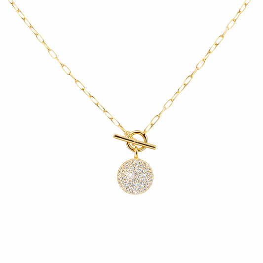 Pave Diamond disc Paper Clip  Necklace