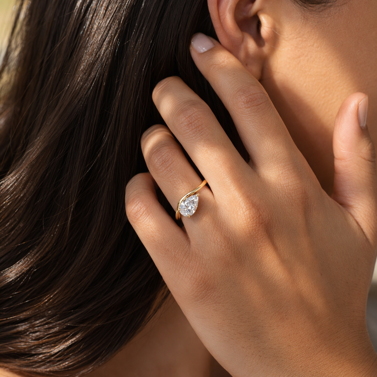 Pear Cut Lab grown Solitaire Wave Engagement Ring
