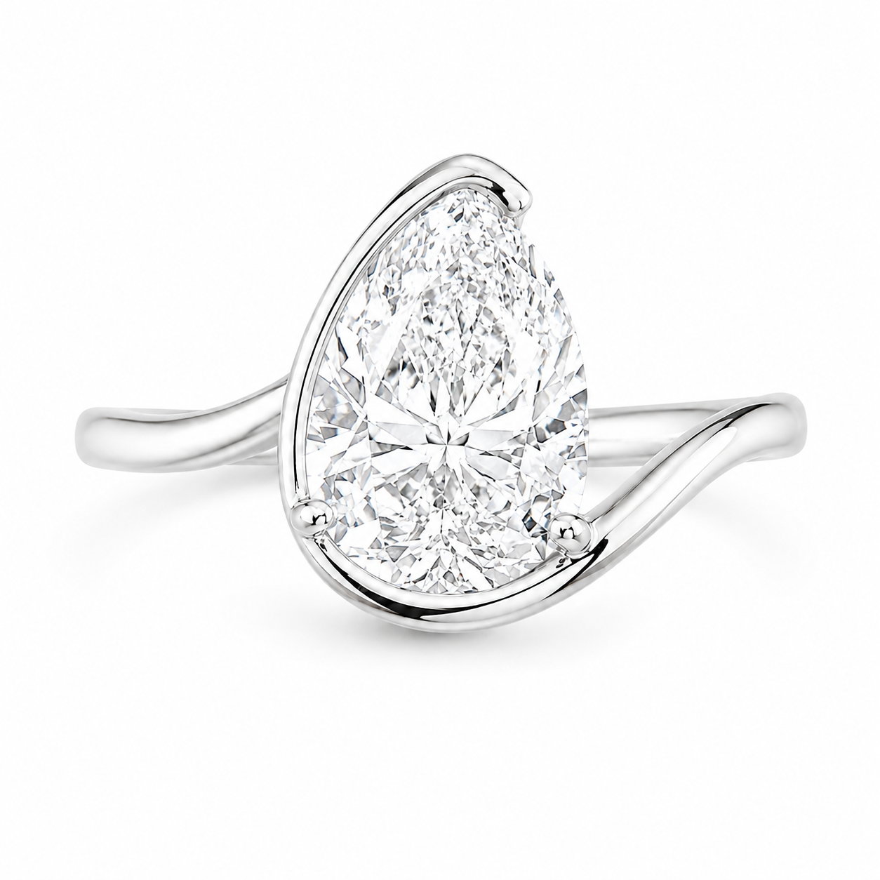 Pear Cut Lab grown Solitaire Wave Bezel Engagement Ring